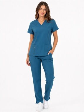 Scrub Set Zinnia Caribbean Blue Women’s Large 7 Pocket Top & Straight Leg Pants